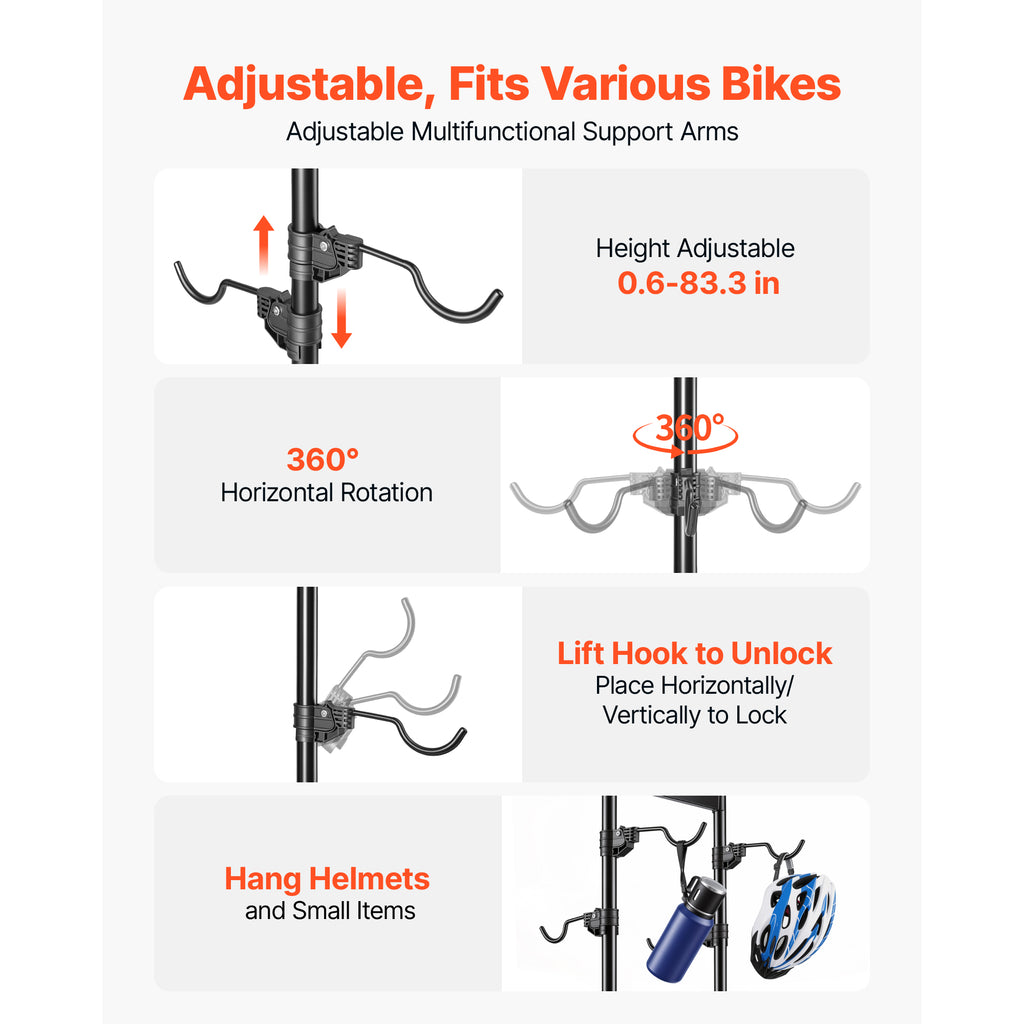 Bike Stand for 4 Bikes, Freestanding Vertical Bike Storage Rack, with Height-Adjustable Hooks, Heavy-Duty Carbon Steel Garage Bicycle Floor Stand, Ideal for Garage, Apartment, Home, Black