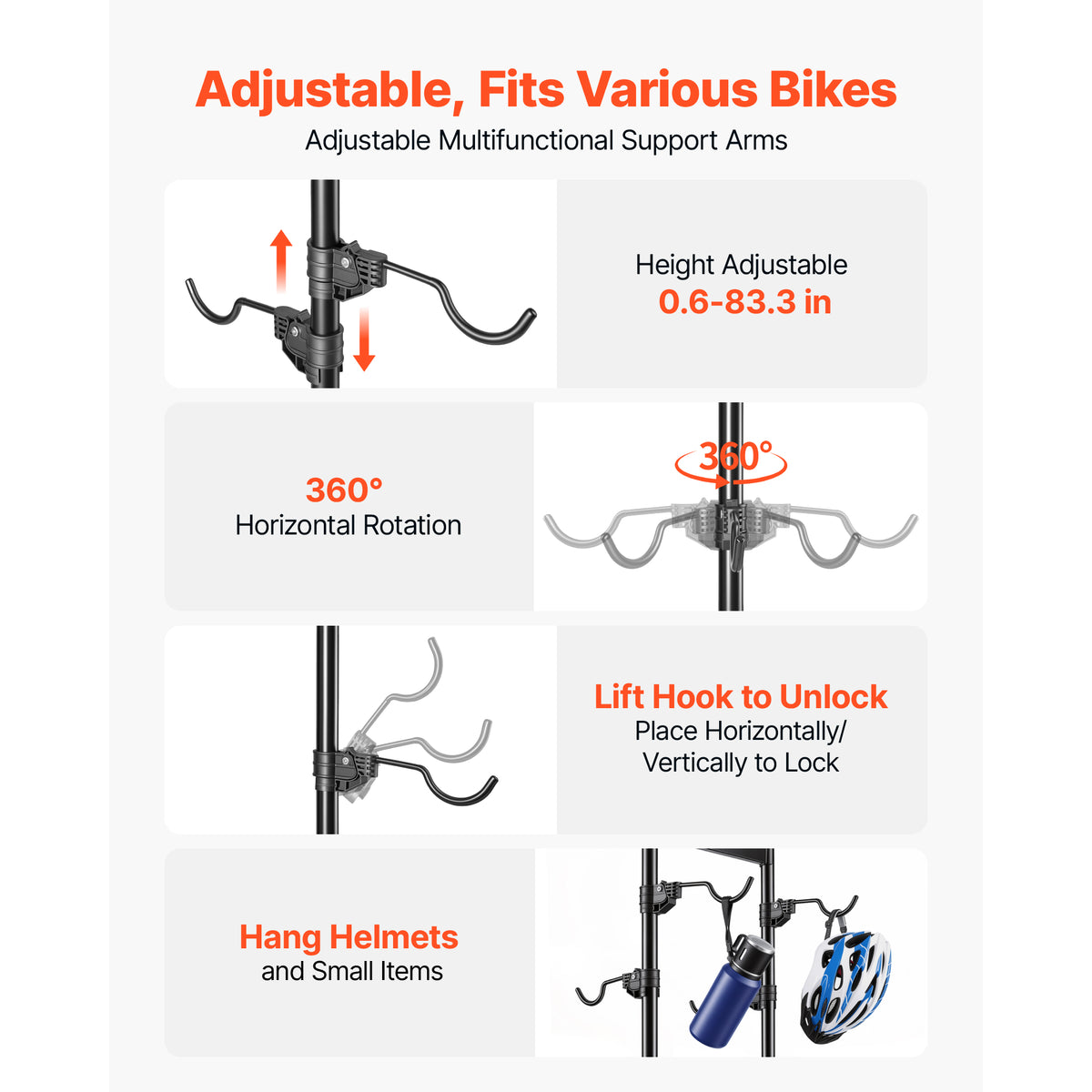 Bike Stand for 4 Bikes, Freestanding Vertical Bike Storage Rack, with Height-Adjustable Hooks, Heavy-Duty Carbon Steel Garage Bicycle Floor Stand, Ideal for Garage, Apartment, Home, Black