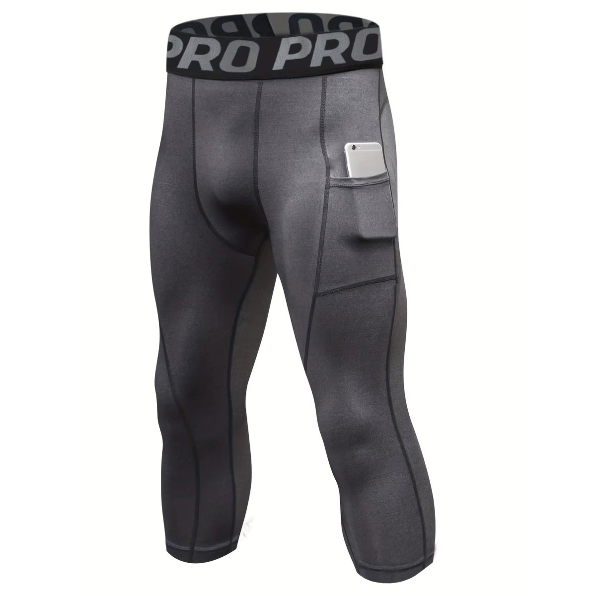 Mens Compression Pants 3/4 Capri Running Leggings Cool Dry Workout Athletic Gym Tights Bottom with Pockets