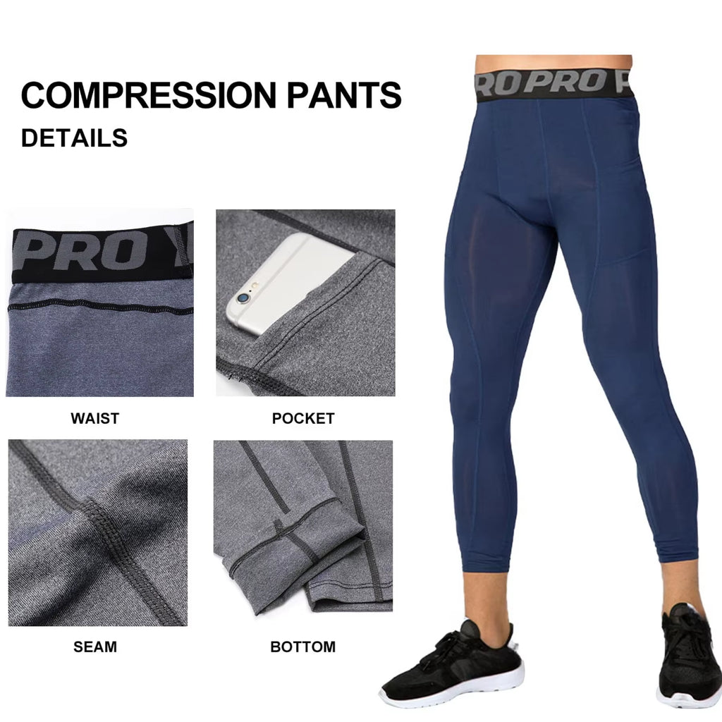 Mens Compression Pants 3/4 Capri Running Leggings Cool Dry Workout Athletic Gym Tights Bottom with Pockets
