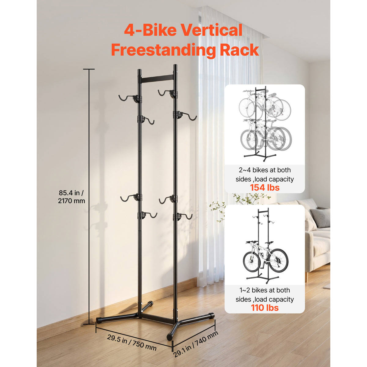 Bike Stand for 4 Bikes, Freestanding Vertical Bike Storage Rack, with Height-Adjustable Hooks, Heavy-Duty Carbon Steel Garage Bicycle Floor Stand, Ideal for Garage, Apartment, Home, Black