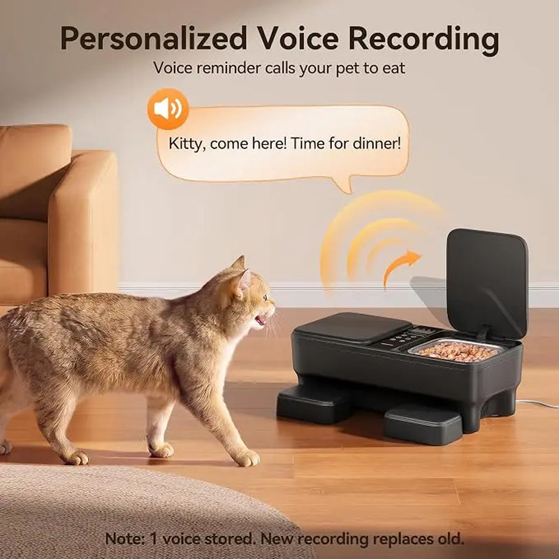 Meowant Automatic Wet Food Cat Auto-Feeder with Stainless Steel Bowls, Semiconductor Cooling & Pre-Heating, 360° Temp Stable Even Temperature, Dual-Bowl Independent Control, Timer Control & Voice Call Functionality, for 1-2 Cats