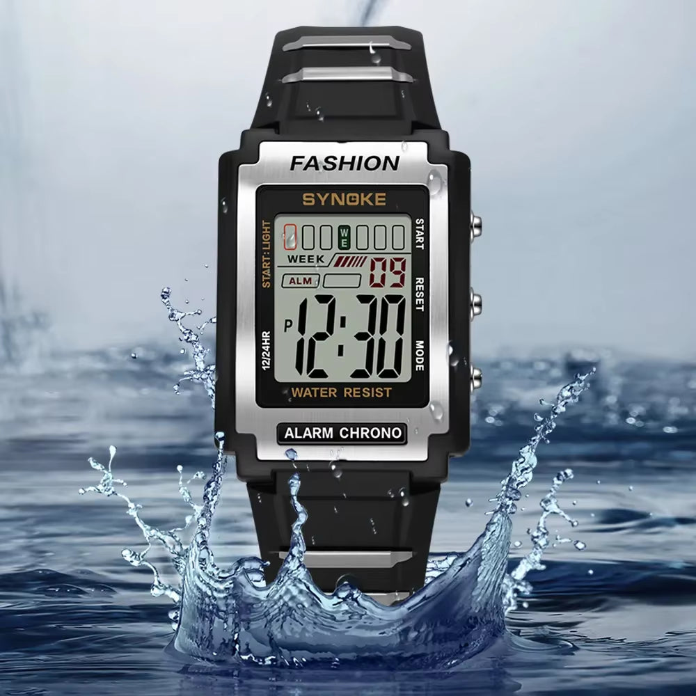 Men Rectangular Sports Electronic Watch Waterproof 50M Night Light Large Screen Alarm Clock Trend Retro Style