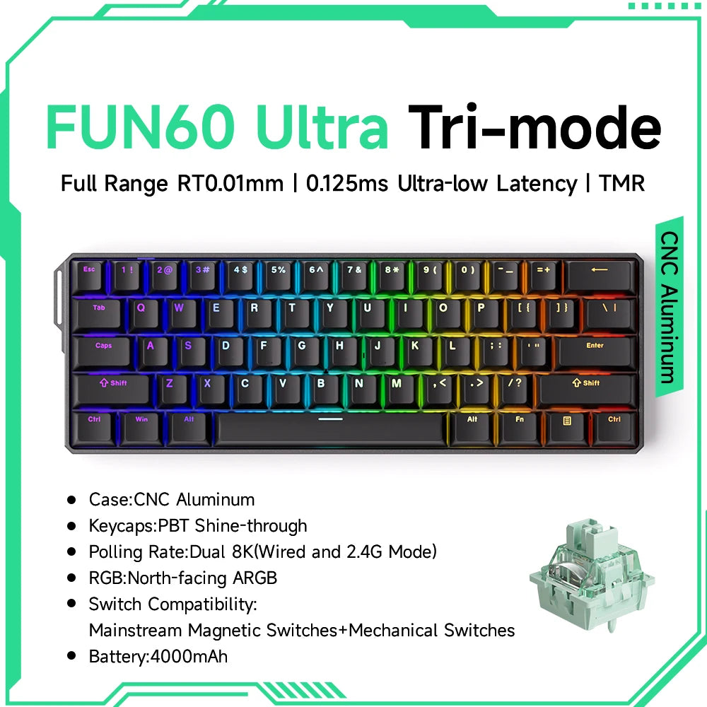 Monsgeek FUN60 Mechanical Keyboard Magnetic Switch 60% Gaming Keyboards Rapid Trigger 0.01Mm 8K ARGB HE/TMR Custom Keyboard