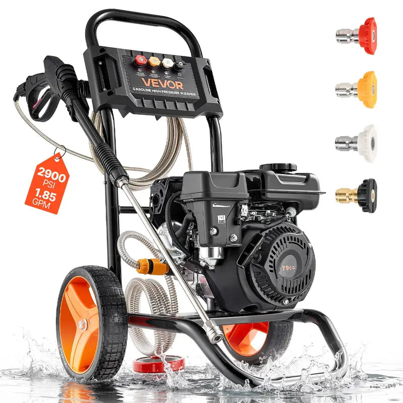 VEVOR Upgraded Portable Gas Pressure Washer, 2900 PSI, 1.85 Max GPM, Aluminum Pump, Spray Gun, Wand, 4-Nozzle Set, 1.6 L Fuel Tank, 10-Inch Wheels, 26.3 Ft Reach, for Cars, Daily Cleaning, Saves Time and Effort, Easy Operation, Father'S Day Gifts