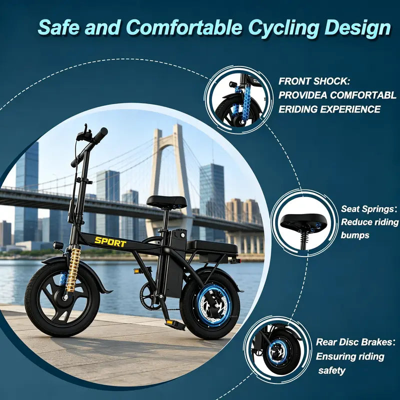 【SPORT】 Electric Bike | 750W Peak Power | Top Speed 22 MPH | 14" Pneumatic Tires | 22–40 Mile Range | Dual Seat | Single Brake Lever | Height Adjustable Seat【 VT14】