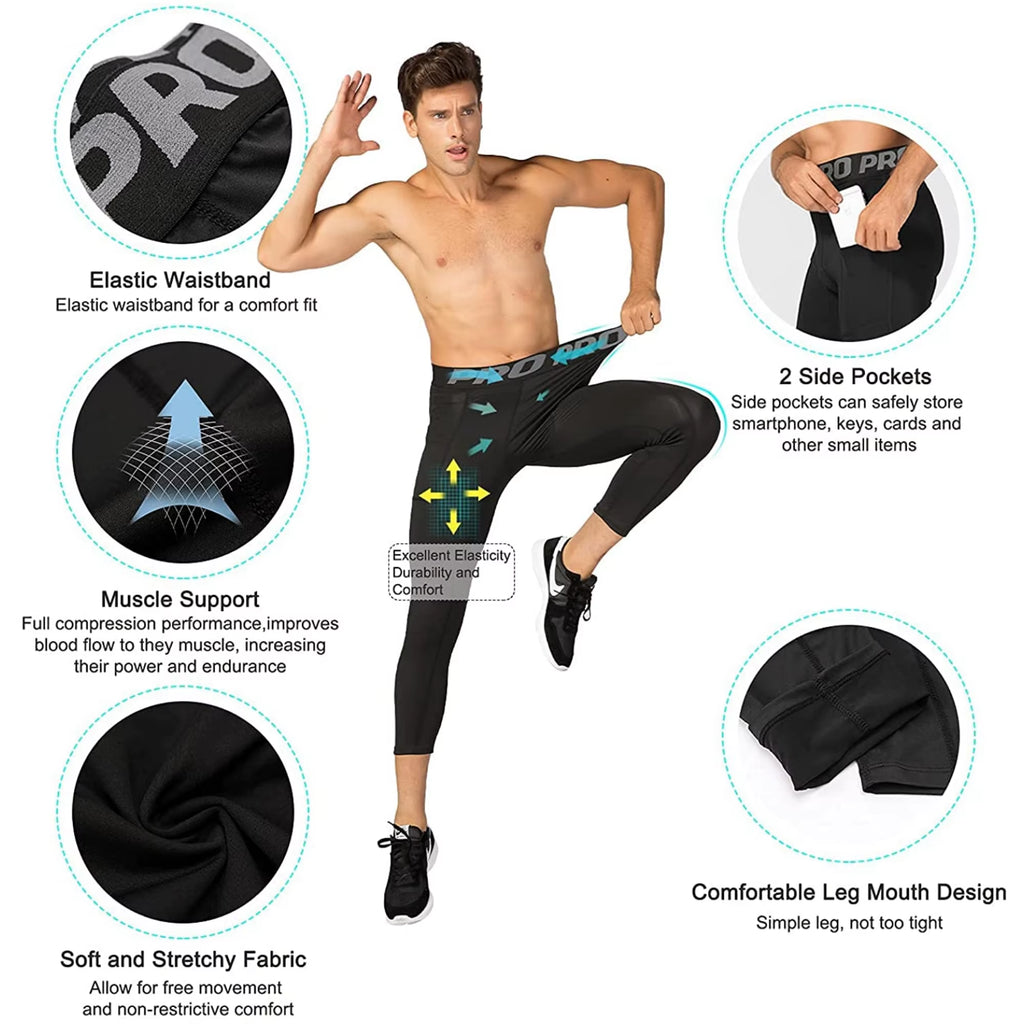 Mens Compression Pants 3/4 Capri Running Leggings Cool Dry Workout Athletic Gym Tights Bottom with Pockets