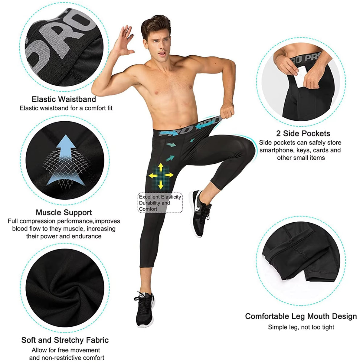 Mens Compression Pants 3/4 Capri Running Leggings Cool Dry Workout Athletic Gym Tights Bottom with Pockets
