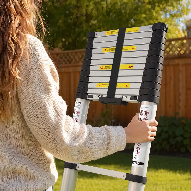 SEESE 12.5 FT Telescoping Ladder, Aluminum Telescopic Extension Ladder 330 Lbs, One-Touch Retractable Compact Portable Ladder with Non-Slip Rubber Feet for Home, RV, Loft & Household Use Toolupgrade