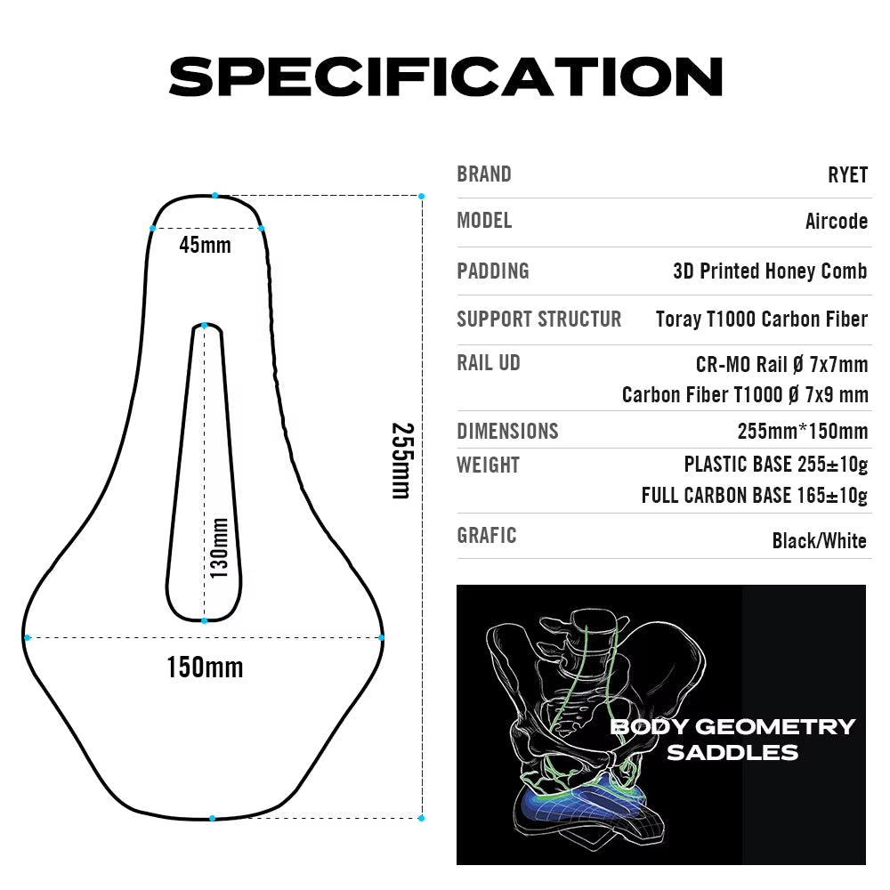 RYET 3D Printed Bicycle Saddle Ultralight Carbon Fiber Hollow Comfortable Breathable MTB Gravel Road Bike Cycling Seat Parts