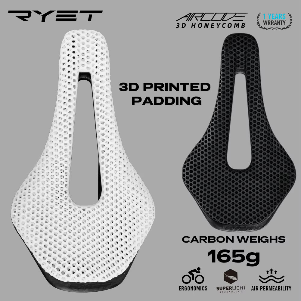 RYET 3D Printed Bicycle Saddle Ultralight Carbon Fiber Hollow Comfortable Breathable MTB Gravel Road Bike Cycling Seat Parts