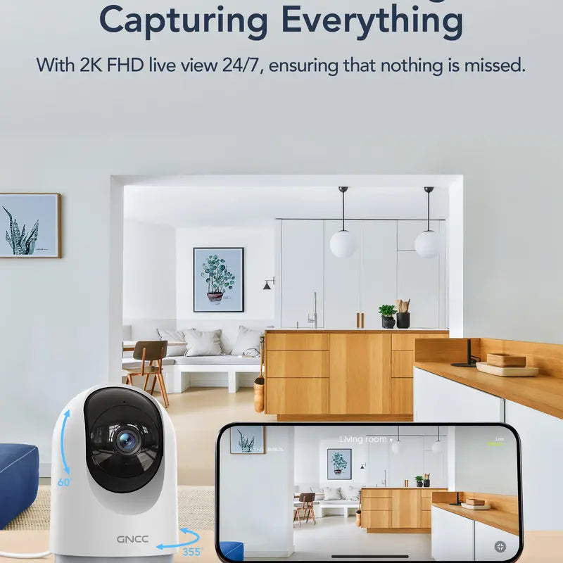 GNCC Quad HD 2K Wired Indoor Wifi Camera Digital - 360° View, 10X Zoom, Day/Night Vision, 2-Way Audio, Motion Detection, 2.4G Wifi, Local Sd/Cloud Storage, AC Power (100-240V), Works with Alexa & Google Home (Baby Monitor)