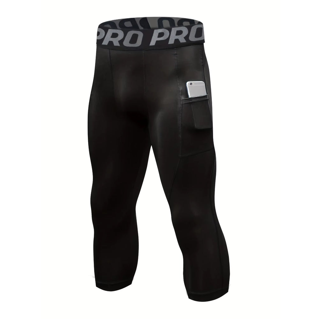 Mens Compression Pants 3/4 Capri Running Leggings Cool Dry Workout Athletic Gym Tights Bottom with Pockets