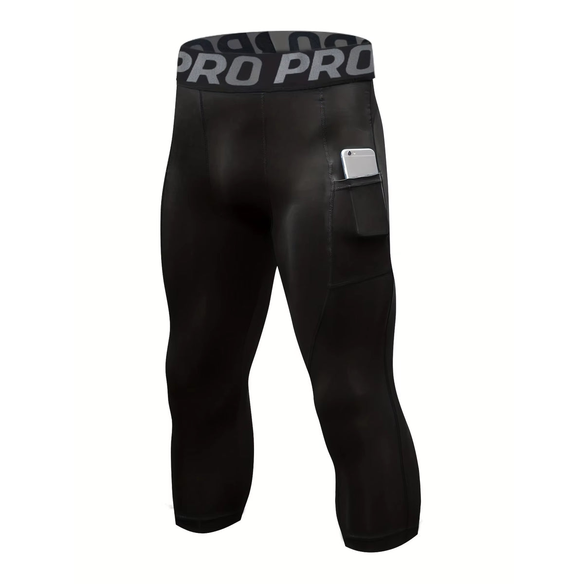 Mens Compression Pants 3/4 Capri Running Leggings Cool Dry Workout Athletic Gym Tights Bottom with Pockets