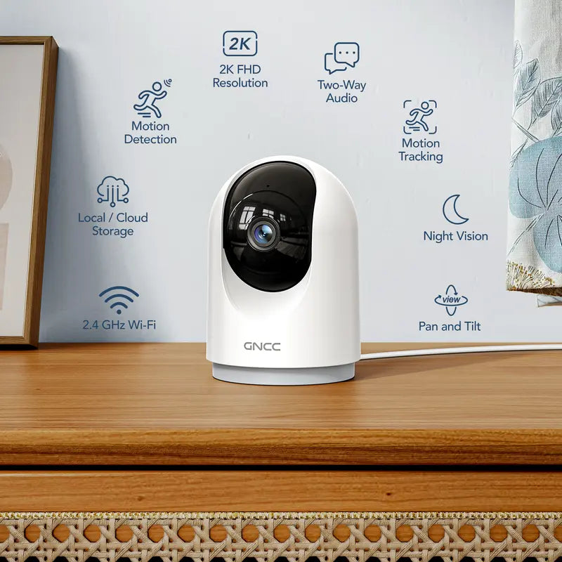 GNCC Quad HD 2K Wired Indoor Wifi Camera Digital - 360° View, 10X Zoom, Day/Night Vision, 2-Way Audio, Motion Detection, 2.4G Wifi, Local Sd/Cloud Storage, AC Power (100-240V), Works with Alexa & Google Home (Baby Monitor)