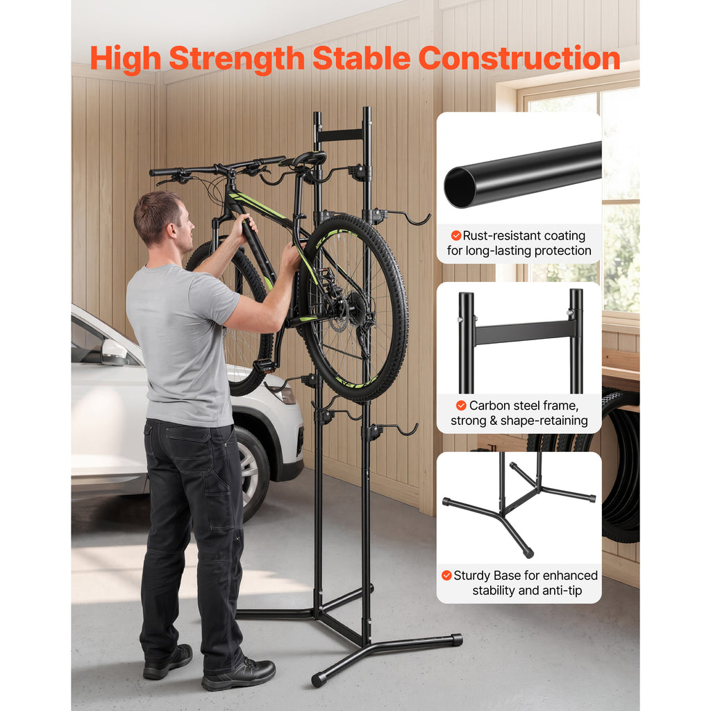 Bike Stand for 4 Bikes, Freestanding Vertical Bike Storage Rack, with Height-Adjustable Hooks, Heavy-Duty Carbon Steel Garage Bicycle Floor Stand, Ideal for Garage, Apartment, Home, Black