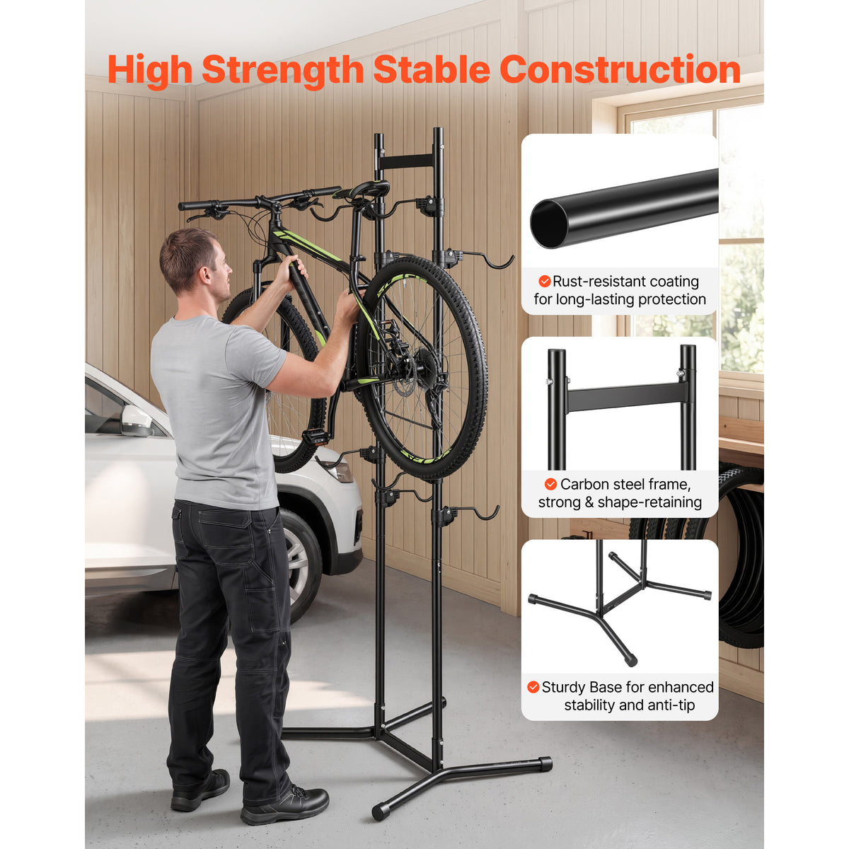 Bike Stand for 4 Bikes, Freestanding Vertical Bike Storage Rack, with Height-Adjustable Hooks, Heavy-Duty Carbon Steel Garage Bicycle Floor Stand, Ideal for Garage, Apartment, Home, Black