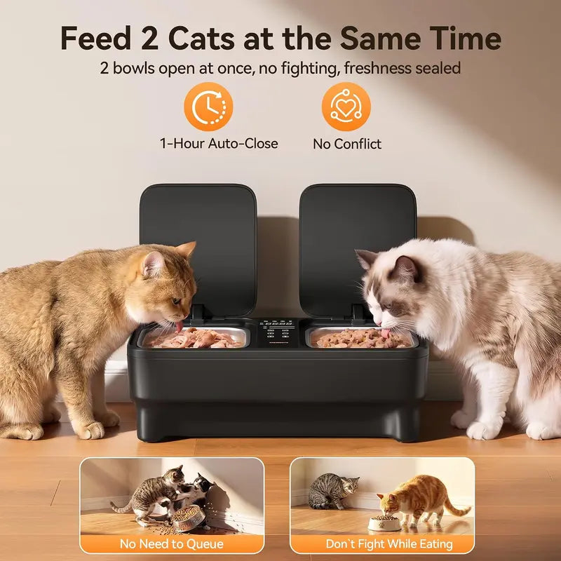 Meowant Automatic Wet Food Cat Auto-Feeder with Stainless Steel Bowls, Semiconductor Cooling & Pre-Heating, 360° Temp Stable Even Temperature, Dual-Bowl Independent Control, Timer Control & Voice Call Functionality, for 1-2 Cats
