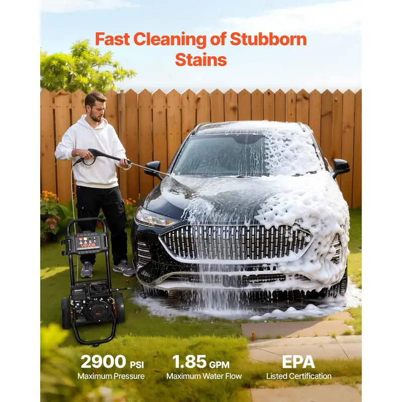 VEVOR Upgraded Portable Gas Pressure Washer, 2900 PSI, 1.85 Max GPM, Aluminum Pump, Spray Gun, Wand, 4-Nozzle Set, 1.6 L Fuel Tank, 10-Inch Wheels, 26.3 Ft Reach, for Cars, Daily Cleaning, Saves Time and Effort, Easy Operation, Father'S Day Gifts