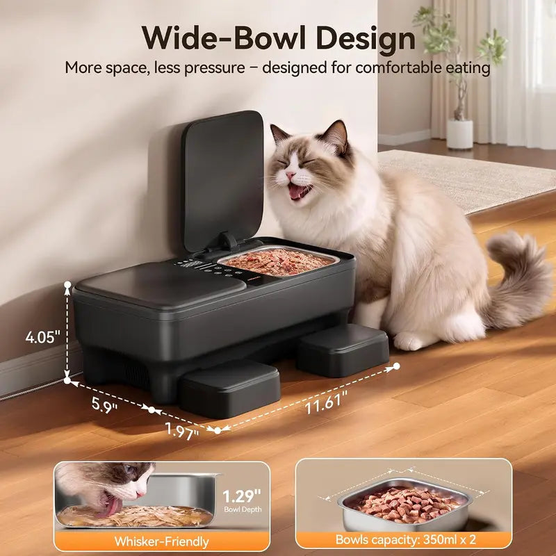 Meowant Automatic Wet Food Cat Auto-Feeder with Stainless Steel Bowls, Semiconductor Cooling & Pre-Heating, 360° Temp Stable Even Temperature, Dual-Bowl Independent Control, Timer Control & Voice Call Functionality, for 1-2 Cats