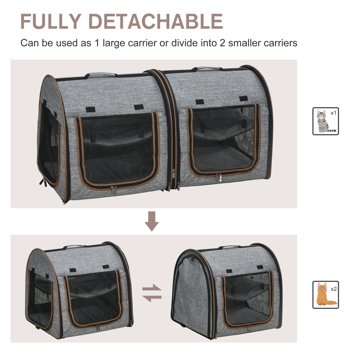 Portable Soft-Sided Pet Cat Carrier with Divider, Two Compartments, Padded and Storage Bag, Grey