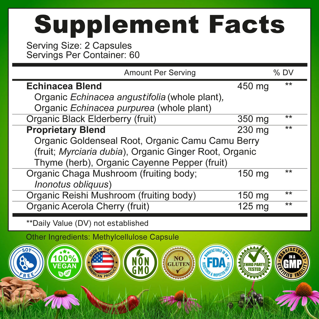Echinacea Goldenseal Capsules - 10 in 1 Immune Support Supplement - 1455Mg - Vegan Echinacea Capsules Supplement Made with Organic Whole Foods - Herbal Immune System Support - 2 Month Supply