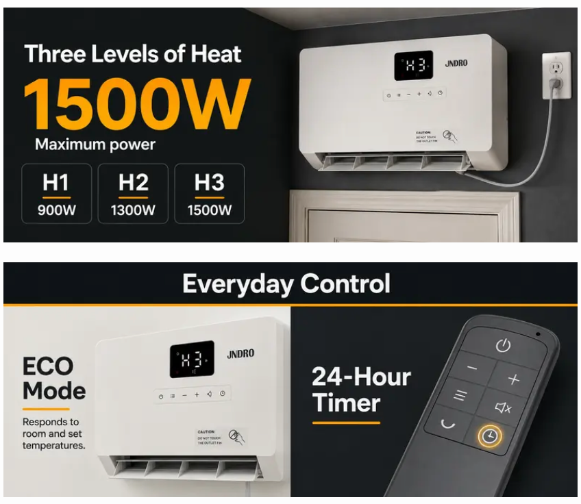 Smart Wall Heater 1500W with three heat levels and 24-hour timer