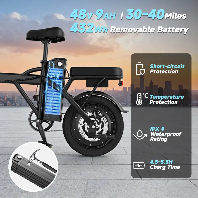 【SPORT】 Electric Bike | 750W Peak Power | Top Speed 22 MPH | 14" Pneumatic Tires | 22–40 Mile Range | Dual Seat | Single Brake Lever | Height Adjustable Seat【 VT14】