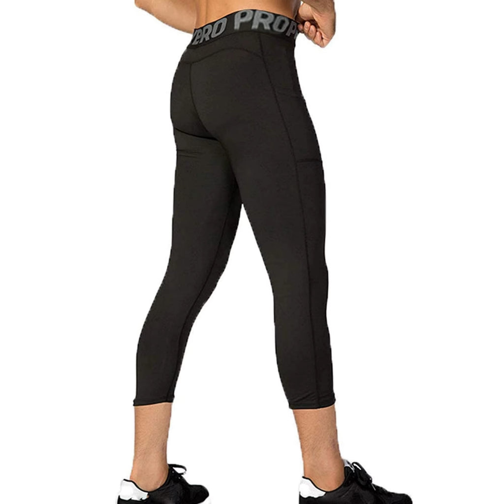 Mens Compression Pants 3/4 Capri Running Leggings Cool Dry Workout Athletic Gym Tights Bottom with Pockets