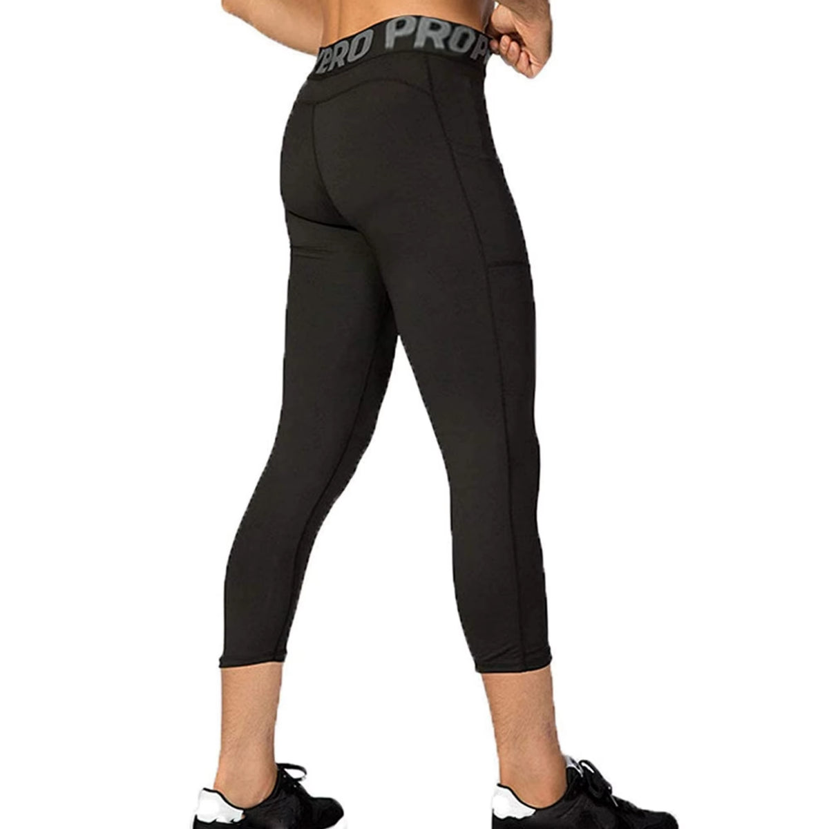 Mens Compression Pants 3/4 Capri Running Leggings Cool Dry Workout Athletic Gym Tights Bottom with Pockets