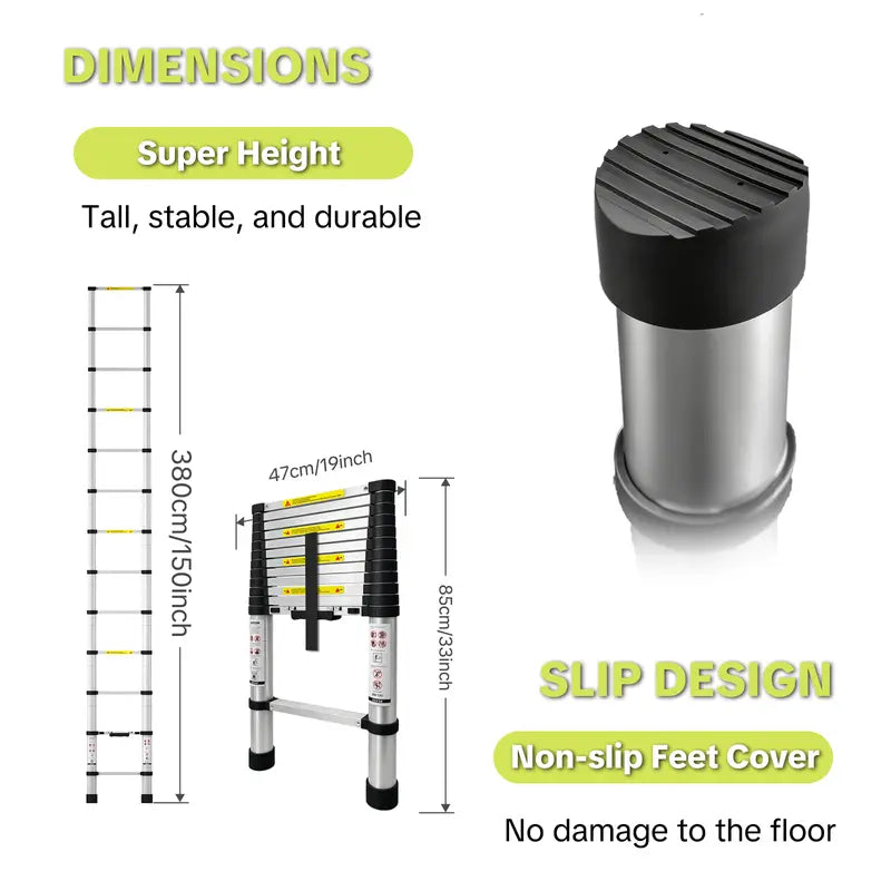 SEESE 12.5 FT Telescoping Ladder, Aluminum Telescopic Extension Ladder 330 Lbs, One-Touch Retractable Compact Portable Ladder with Non-Slip Rubber Feet for Home, RV, Loft & Household Use Toolupgrade