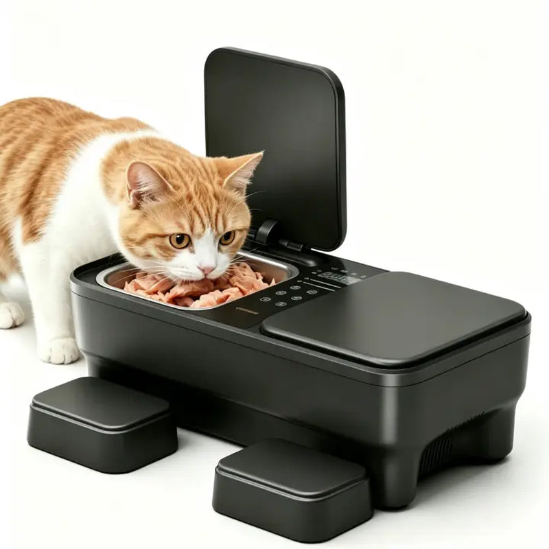 Meowant Automatic Wet Food Cat Auto-Feeder with Stainless Steel Bowls, Semiconductor Cooling & Pre-Heating, 360° Temp Stable Even Temperature, Dual-Bowl Independent Control, Timer Control & Voice Call Functionality, for 1-2 Cats