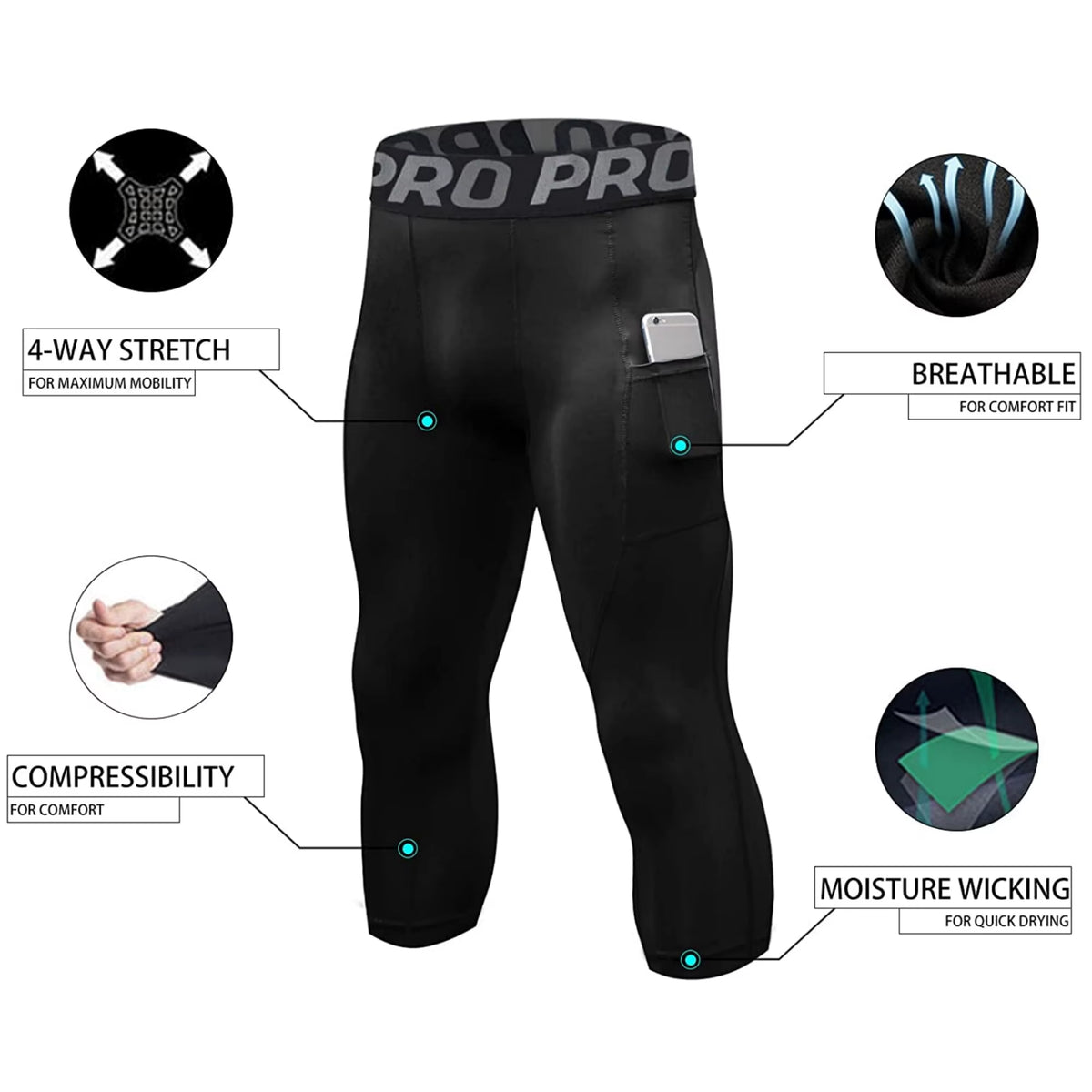 Mens Compression Pants 3/4 Capri Running Leggings Cool Dry Workout Athletic Gym Tights Bottom with Pockets