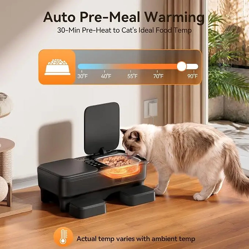 Meowant Automatic Wet Food Cat Auto-Feeder with Stainless Steel Bowls, Semiconductor Cooling & Pre-Heating, 360° Temp Stable Even Temperature, Dual-Bowl Independent Control, Timer Control & Voice Call Functionality, for 1-2 Cats