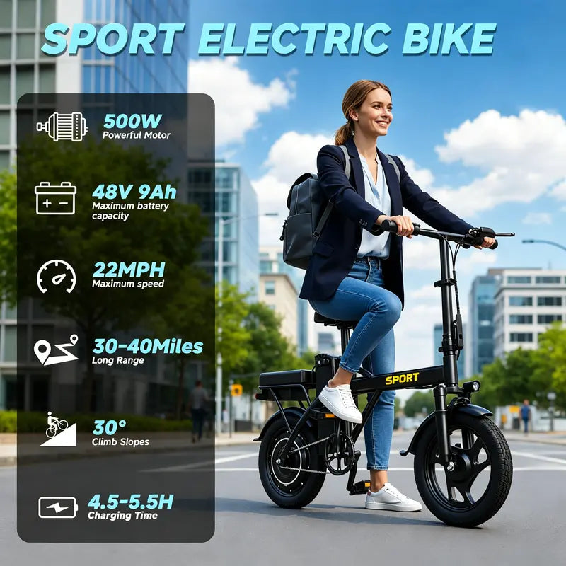 【SPORT】 Electric Bike | 750W Peak Power | Top Speed 22 MPH | 14" Pneumatic Tires | 22–40 Mile Range | Dual Seat | Single Brake Lever | Height Adjustable Seat【 VT14】