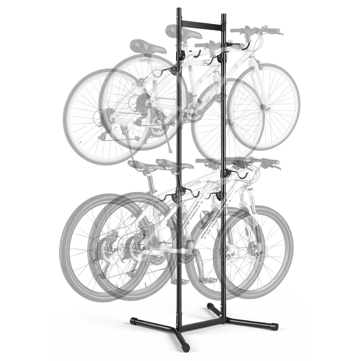 Bike Stand for 4 Bikes, Freestanding Vertical Bike Storage Rack, with Height-Adjustable Hooks, Heavy-Duty Carbon Steel Garage Bicycle Floor Stand, Ideal for Garage, Apartment, Home, Black