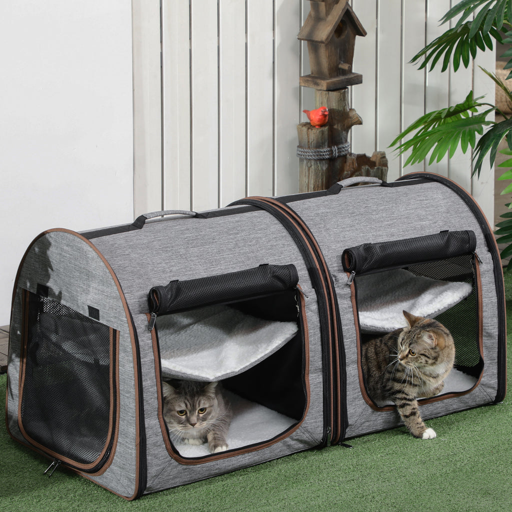 Portable Soft-Sided Pet Cat Carrier with Divider, Two Compartments, Padded and Storage Bag, Grey