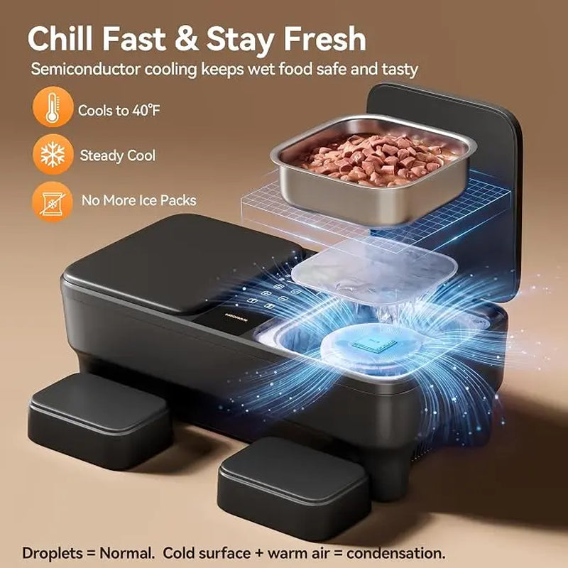 Meowant Automatic Wet Food Cat Auto-Feeder with Stainless Steel Bowls, Semiconductor Cooling & Pre-Heating, 360° Temp Stable Even Temperature, Dual-Bowl Independent Control, Timer Control & Voice Call Functionality, for 1-2 Cats