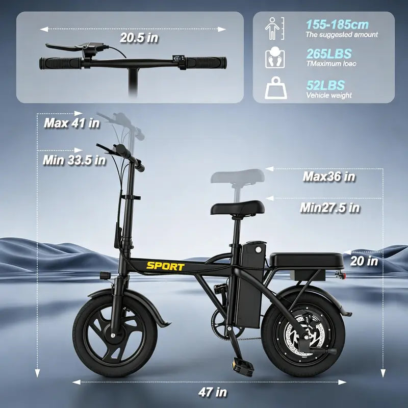 【SPORT】 Electric Bike | 750W Peak Power | Top Speed 22 MPH | 14" Pneumatic Tires | 22–40 Mile Range | Dual Seat | Single Brake Lever | Height Adjustable Seat【 VT14】