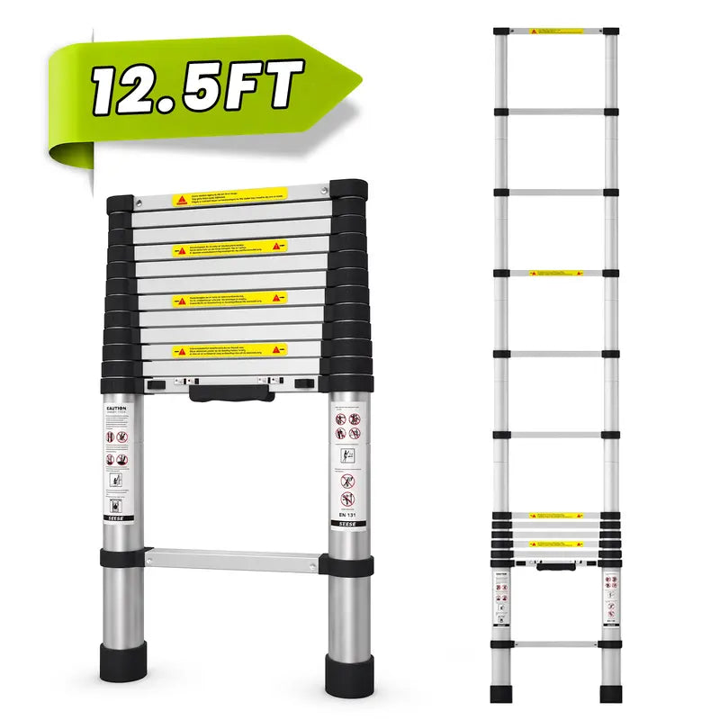 SEESE 12.5 FT Telescoping Ladder, Aluminum Telescopic Extension Ladder 330 Lbs, One-Touch Retractable Compact Portable Ladder with Non-Slip Rubber Feet for Home, RV, Loft & Household Use Toolupgrade