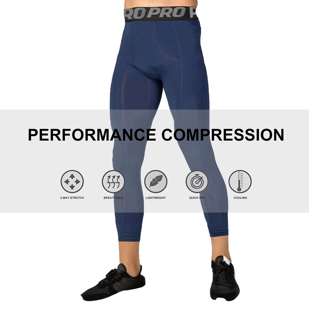 Mens Compression Pants 3/4 Capri Running Leggings Cool Dry Workout Athletic Gym Tights Bottom with Pockets