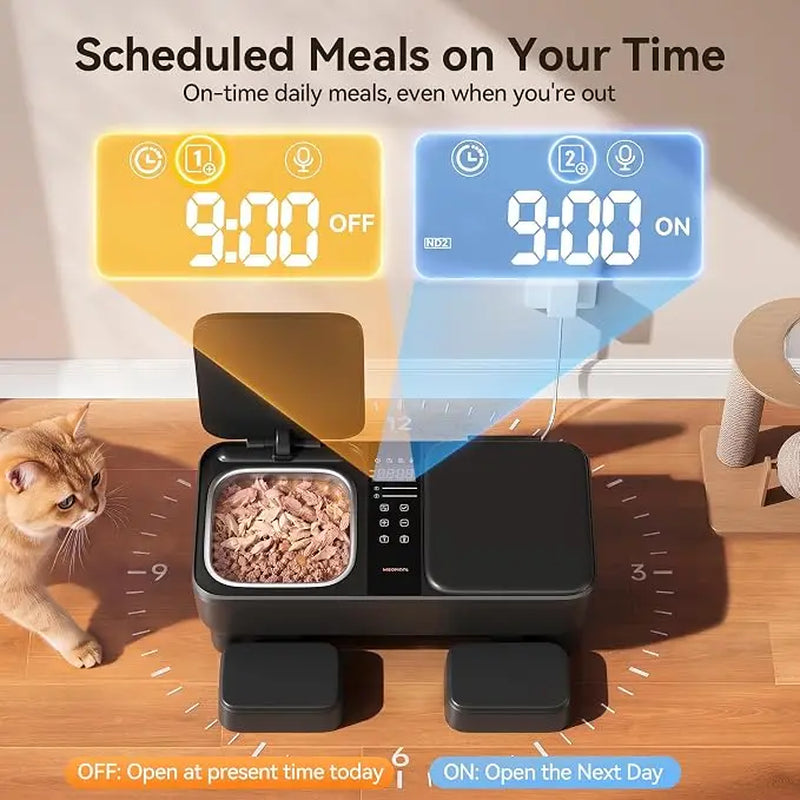 Meowant Automatic Wet Food Cat Auto-Feeder with Stainless Steel Bowls, Semiconductor Cooling & Pre-Heating, 360° Temp Stable Even Temperature, Dual-Bowl Independent Control, Timer Control & Voice Call Functionality, for 1-2 Cats