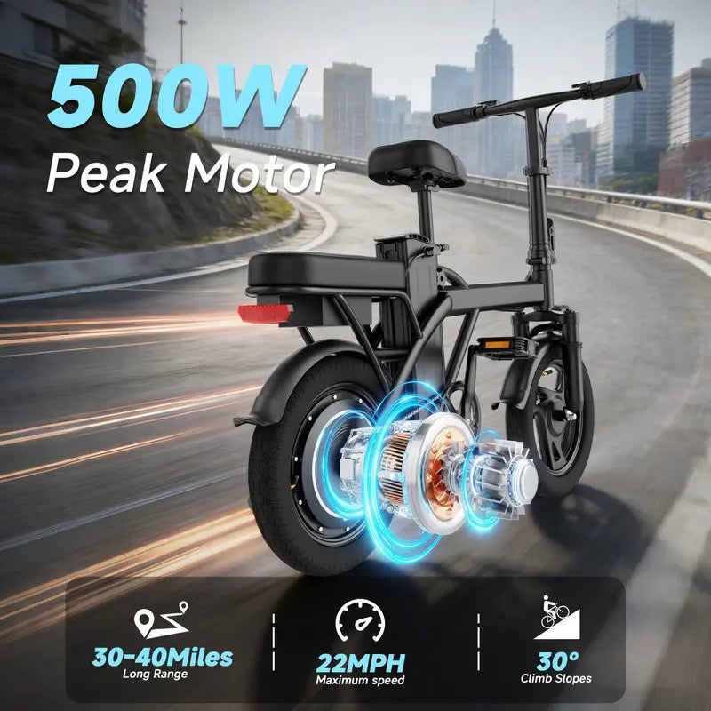 【SPORT】 Electric Bike | 750W Peak Power | Top Speed 22 MPH | 14" Pneumatic Tires | 22–40 Mile Range | Dual Seat | Single Brake Lever | Height Adjustable Seat【 VT14】
